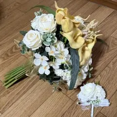 造花ウェディングブーケ ブートニアセット ホワイト・イエロー