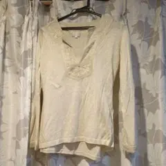 クリーム色 刺繍付きVネック長袖トップス