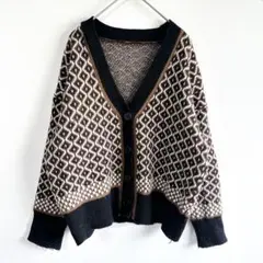 5328 ANDJ ジャガード織トライバル柄 vネックニットセーターカーディガン
