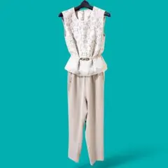 最終価格◎レース×とろみ素材 大人フェミニン上品ベージュオールインワンベルト付き