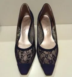ネイビー レース ポインテッドトゥ パンプス