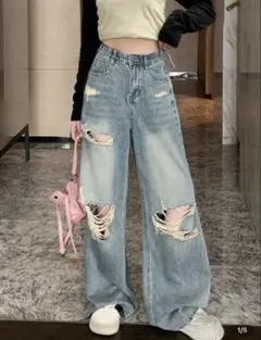 レディース　グレー ダメージ加工 ハイウエスト ワイドパンツ　Sサイズ