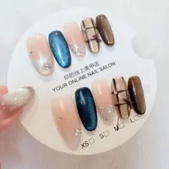 ネイビー×ブラウン チェック ピンク マグネット 韓国 ワンホン ネイルチップM