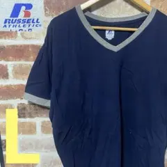 B155 RUSSELL 古着 リンガーTシャツ Vネック 無地Tシャツ