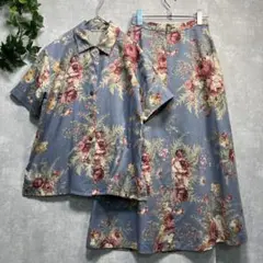 ブルー系 昭和レトロ 薔薇 花柄 シャツ スカート セットアップ