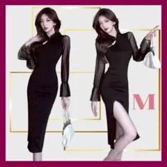 大人可愛い チャイナ風 ミディワンピース ブラック シースルー