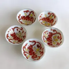 九谷焼 古九谷 猪口 色絵 金彩 赤絵 5客 花 植物文 薄張 骨董 雛道具 盃