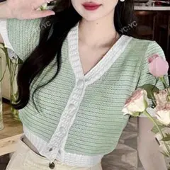 SHEIN Vネックニットカーディガン M 半袖 ライトグリーン
