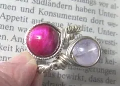 ピンクタイガーアイ＆アメジストTwinリング☆指輪GOLDハンドメイド