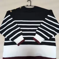 クルーネックボーダー配色ショルダー金釦ニットプルオーバー　M