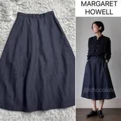 《美品》マーガレットハウエル コットンリネン Aライン フレアスカート ネイビーのサムネイル