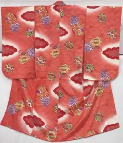 七五三着物　7才　女児　四つ身　毱・部分絞り／朱色系《子供394》#江戸小もーん