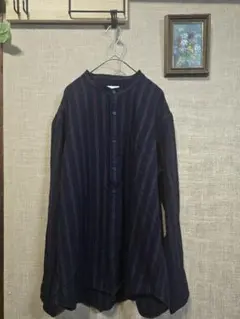 【GU】 ストライプ バンドカラー ノーカラーシャツ 長袖 綿100%