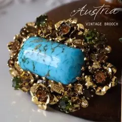 刻印有！AUSTRIA オーストリア製 ターコイズガラス ブローチ