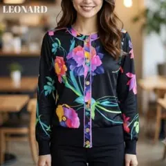 a306【極美品】レオナール 金ボタン トリム 花柄カーディガン 黒 L