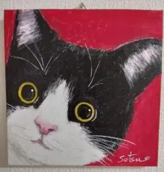 ハチワレ猫 手描きキャンバスアート原画一点物（15㎝×15㎝×1㎝)
