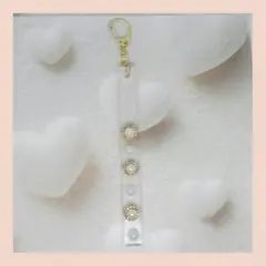 ハンドメイド キーホルダー 透明 パール 花 ゴールド