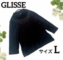 グリッセ　ビジュー装飾　Ｌ　七分袖　トップス　ブラック　レース　ハイネック