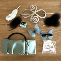 ヘアアクセサリーセット　和風ピン　羽根　お花　蝶々　ヘアピン　グリーン　シルバー