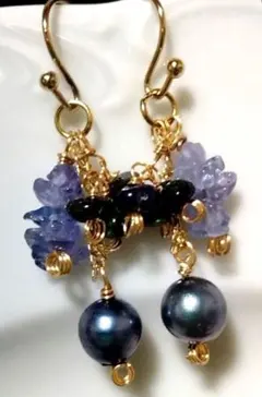 ❦14kgf❦淡水ブルーパール❦ピアス❦❦ブラックオパール・ミニ❦タンザ❦
