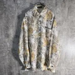 【一点物】幾何学総柄ポリシャツ アート調 ベージュ系 レトロ系　長袖シャツ　古着
