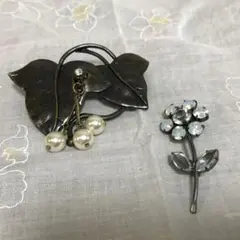ヴィンテージ風 パール付き葉デザインブローチ　可愛い花ブローチ2点セット