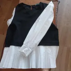 ZARA 長袖 プリーツ切り替えブラウス ブラック×ホワイトのサムネイル