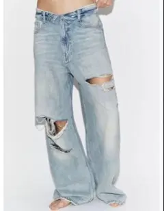 ZARA 折り返しウエスト バンド ミッドライズ ダメージ ジーンズ 38