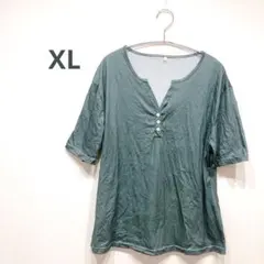 グリーン ボタン付き Vネック 半袖シンプルTシャツ XLサイズ