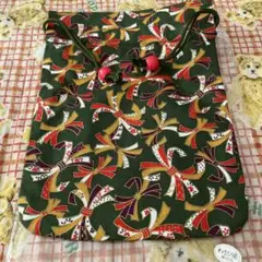 新品未使用品★わさび染★リボン柄 緑色 巾着袋 綿100%