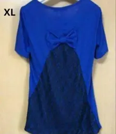 半袖Tシャツカットソー　ブルー　黒レース　リボン　《ＸＬ》◆美品　即購入可◆