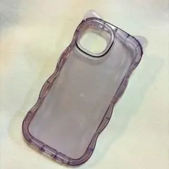 iPhone15用 ウェーブデザイン 猫耳クリアケース パープル