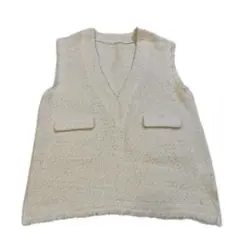 新品　 ベスト Vネック アイボリー ニット フリンジ ツイード　シーナリー