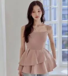 polaura ポローラ チェーンストラップペプラムニットベアトップ PINK