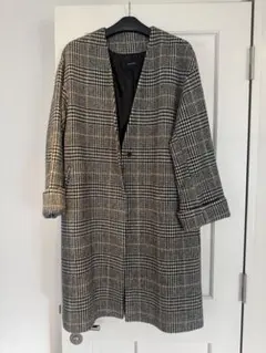 Doux archives チェック柄ノーカラーコート　ロングコート