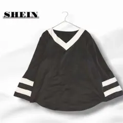 シーイン VネックロンT XL 黒 スポーティー ボーダー柄 Z9509⭐︎