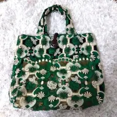 花柄刺繍トートバッグ 緑 グリーン 昭和　レトロ ハンドメイド 即購入OK