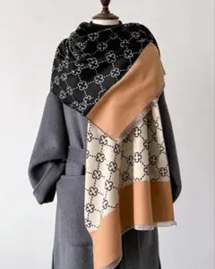 マルチカラー ストール　ショール　マフラー　リバーシブル　ブラック/ベージュ