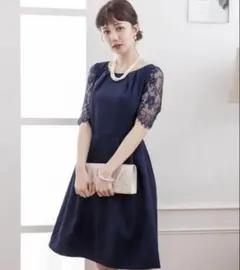 DRESS STAR結婚式ワンピースレーススリーブワンピースドレス ネイビー M