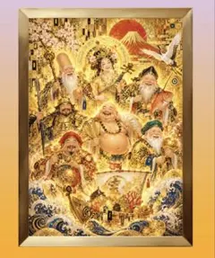 七つの福が舞い降り、黄金の輝きが未来を照らす七福神　額縁付きグラフィック