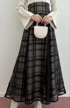 【GRL】グレイル　チェック柄シアーフレアスカート　チェックシアーロングスカート