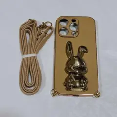 ❤️iPhone14Proケース ウサギ スタンド機能 ストラップ付き ベージュ