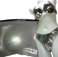 メタリックシルバー光沢特殊生地 ブラサポートプッシュアップビキニ