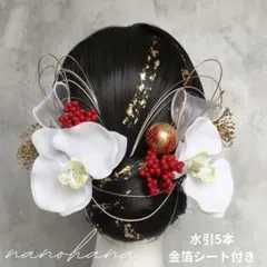 卒業式髪飾り　成人式髪飾り　胡蝶蘭髪飾り　振袖　袴　赤　白ゴールド　水引　金箔