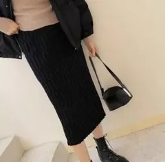 【ラスト1点】ブラック人気レディースタイトスカートニット大人ミドル丈ウエストゴム