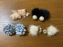 黒ファーコットンパール、白ファー、ピンク、 水色フラワーピアス4点セット