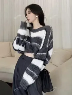 shein ストライプドロップショルダークロップセーター