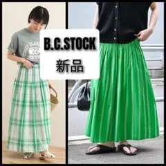 B.C.STOCK 新品 リネン　チェック ロングフレアスカート　グリーン　麻のサムネイル