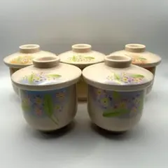 【未使用】阪神百貨店 蓋付湯呑 5客セット すみれ柄 汲出茶碗 茶碗蒸し