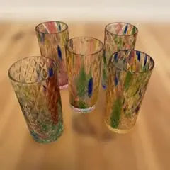昭和レトロ　多色ダイヤモンドカットガラスコップ5個セット